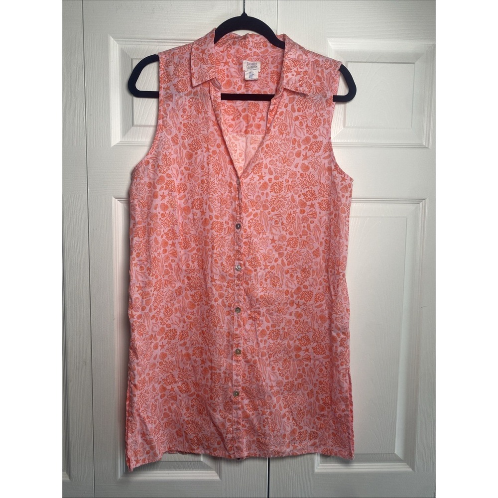Sigrid Olsen Shell Print Linen Tunic Womens Size M Pink Orange Coastal Beachy